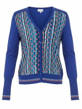ecru Blue Geometric Button-Front Cardigan with Pink Accents
